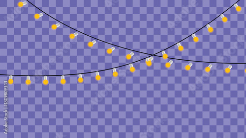 String of yellow glowing light bulbs on a transparent background