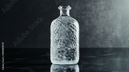 A fragile glass bottle with a textured surface against a dark atmospheric background will emphasise minimalism in interior design or packaging concepts.
