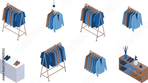 Isometric clothing store interior with hanging shirts, folded garments, shoes, display racks, and retail fashion shop furniture illustration for design