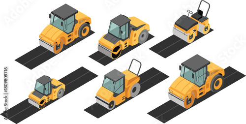 isometric construction vehicles illustration showing different yellow road rollers working on asphalt surface, heavy equipment machinery concept for road building industry