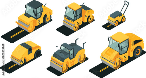 isometric construction vehicles illustration showing different yellow road rollers working on asphalt surface, heavy equipment machinery concept for road building industry