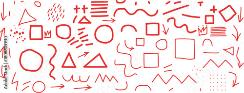 Seamless Swiss design aesthetic pattern with crayon drawn basic forms and geometric shapes. Collection of red geometric shapes and arrows on white background. A chaotic collage of hand-drawn red geome