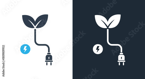 Green plant growing from electric plug - Vector icon symbol for website - Icon vector - Blue icon vector - Line and glyph solid icon and logo template