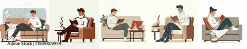 man relaxing reading a book on a winter sofa