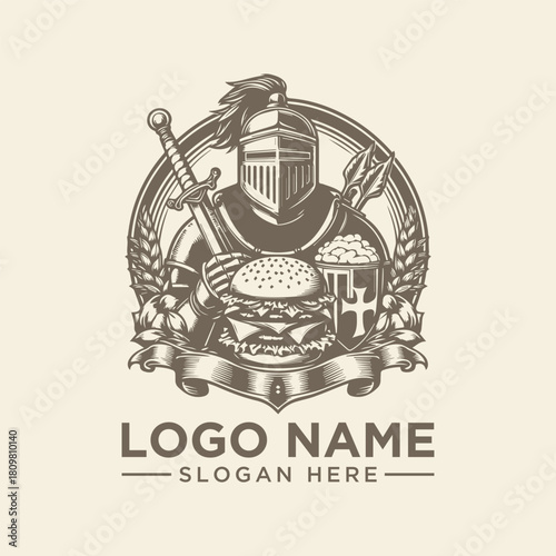 Vintage knight mascot with hamburger and sword, vector restaurant logo design 88