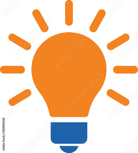 Glowing orange light bulb icon symbol of bright idea, inspiration, innovation, and creative solutions