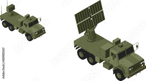Isometric digital illustration of military radar trucks with communication antennas and surveillance equipment for defense and technology concept design