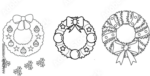 Christmas wreath collection line art. holiday decor vector illustration.