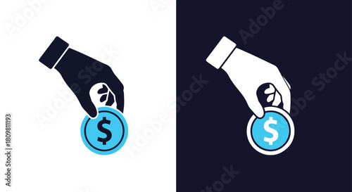 Hand holding dollar sign icon on dark background - Vector icon symbol for website - Icon vector - Blue icon vector - Line and glyph solid icon and logo template