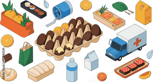 Isometric food and delivery icons set, sushi, bread, cookies, chocolate, milk carton, grocery bag, transport truck, heart box illustration
