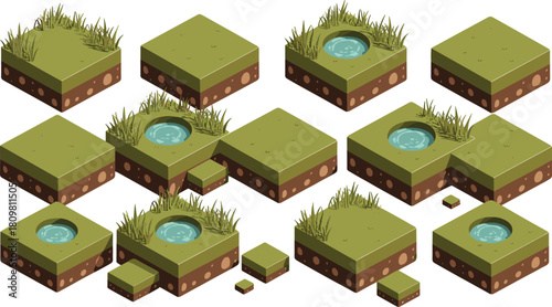 Isometric grass terrain blocks with soil, water ponds, and plants, natural landscape tile set, 3D environment design for games