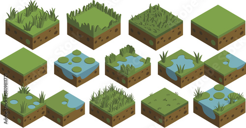 Isometric grass terrain blocks with soil, water ponds, and plants, natural landscape tile set, 3D environment design for games