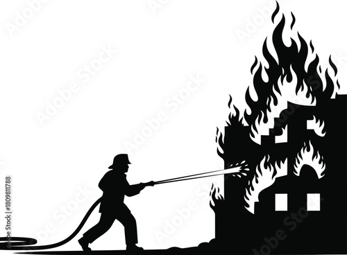 Silhouette of a firefighter battling a raging building fire with a water hose, illustrating bravery and emergency response