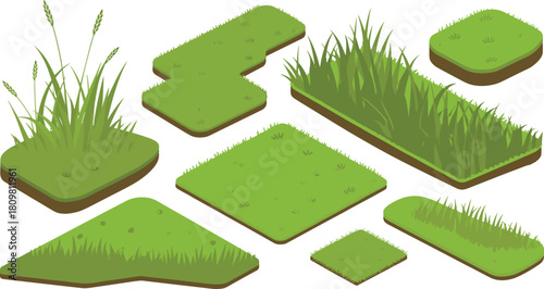 Isometric green grass tile set illustration with soil layers, realistic meadow patches, natural landscape elements for game environment design