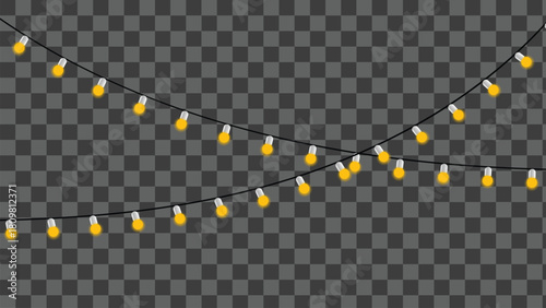 String of yellow glowing light bulbs on a transparent background