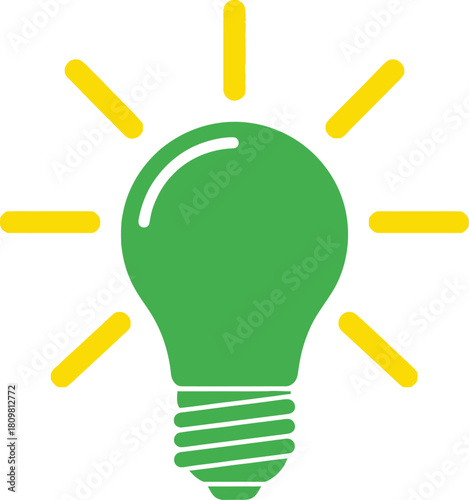 Green light bulb icon radiating yellow light rays, symbolizing innovation, solution, and energy