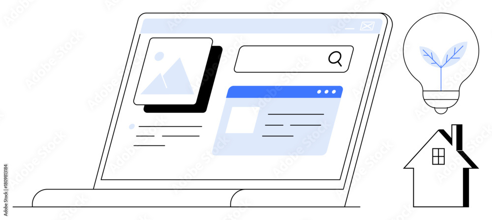 Fototapeta premium Laptop displaying search interface with images, text previews, and a search bar. Light bulb with a leaf and a minimalist house outline. Ideal for technology, sustainability, innovation, research