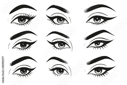Black-and-white illustration sheet featuring multiple stylized eyes with varied eyeliner and brow designs, white background