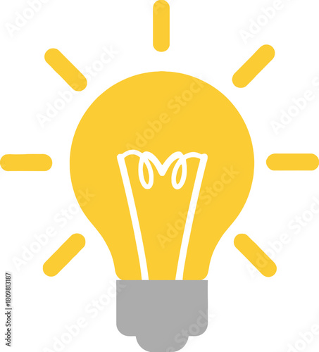 Bright glowing yellow lightbulb with rays, representing innovation, creativity, and good ideas.