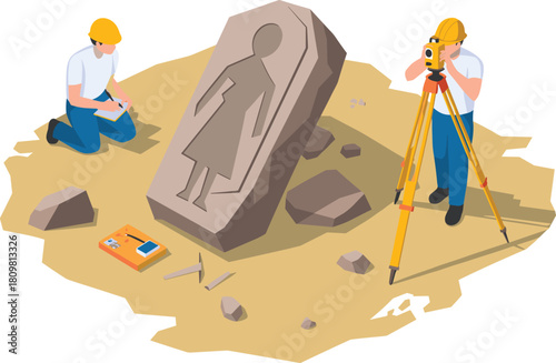 Isometric illustration of archaeologists excavating ancient artifact with surveying equipment and stone carving, concept of archaeology, exploration, and historical discovery