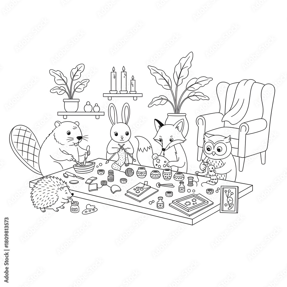 Fototapeta premium Enchanting Woodland Gathering: A charming gathering of woodland creatures immersed in an activity, their focus highlighting unity and shared creativity.