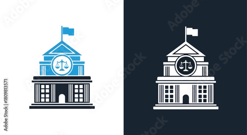 Two buildings with clocks and flags - Vector icon symbol for website - Icon vector - Blue icon vector - Line and glyph solid icon and logo template