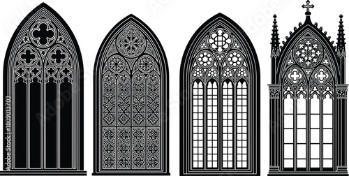 Historical Gothic Architecture Windows Vector Silhouette Set Medieval Cathedral Church Tracery Details Arched Black and White Decorative Elements Stained Glass Design Icon