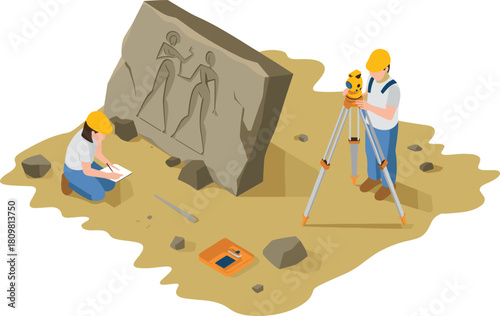 Isometric illustration of archaeologists excavating fossils and using survey equipment at dig site for scientific research and historical discovery