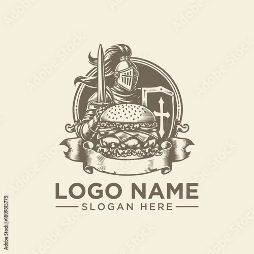 Knight and Burger Vector Logo Medieval Gastronomy Illustration