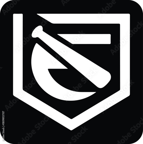 Baseball logo design with bat and home plate in black and white isolated on white background