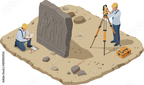 Isometric illustration of archaeologists excavating fossils and using survey equipment at dig site for scientific research and historical discovery