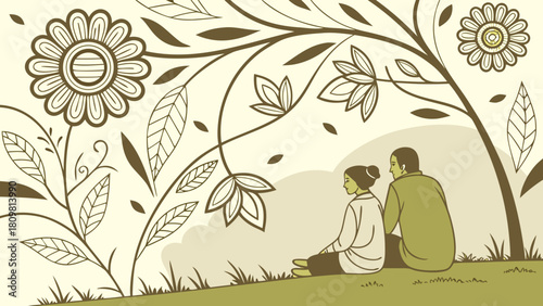 Mustard and olive 3D glossy floral wallpaper with couple sitting by each other in peaceful relaxed pose