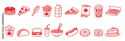 pixel art Fast Food. 8-Bit Icon Set. Red. A fun hand drawn vector line art collection of junk food items like pizza, burger, and fries for a restaurant menu, a food delivery app, or a packaging design