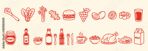 Pixel Art. Fast Food. 8-Bit. A retro red vector icon set of pixelated junk food items like pizza and fries for a video game asset, a fun menu, or a nostalgic 80s-themed design graphic.