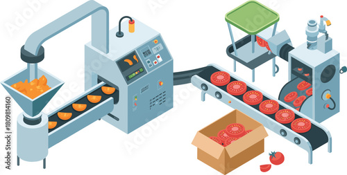 Isometric illustration of automated food production factory, industrial conveyor belt, vegetable slicing, tomato processing, modern food manufacturing machinery system