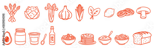 Food. Ingredient. 8-Bit Red. A bold red vector line art icon set of various vegetables, drinks, and meals for a cookbook, a restaurant menu, a food delivery app, or a grocery store design.