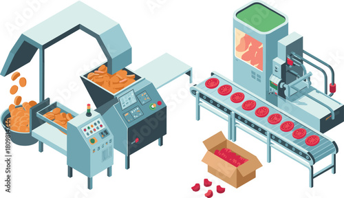 Isometric illustration of automated food production factory, industrial conveyor belt, vegetable slicing, tomato processing, modern food manufacturing machinery system