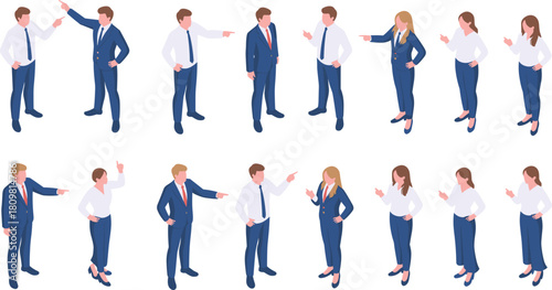 Isometric illustration of business people in argument and discussion poses showing disagreement, leadership communication and teamwork conflict in workplace