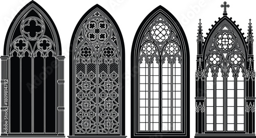 Set of Four Detailed Gothic Cathedral Windows, Black Silhouette Vector Art, Medieval Church Tracery, Arched Architecture Icons, Ornamental Design Elements, Historical Graphics.