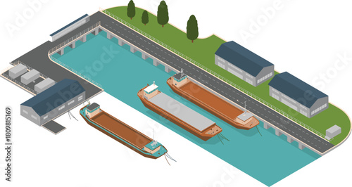 Isometric illustration of cargo port with ships, cranes, warehouses, and dockside facilities, concept of maritime transport, shipping, and logistics