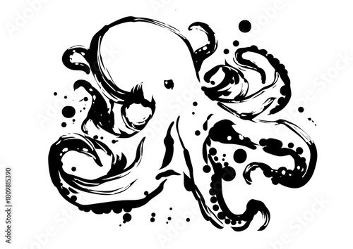 Sumi-e Ink Octopus Illustration – Traditional Japanese Brush Art