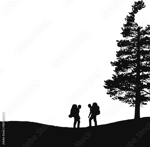 Silhouette of two hikers with backpacks trekking through a natural landscape with a tall pine tree, depicting adventure and exploration