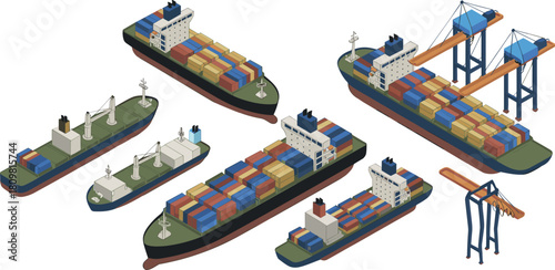 Isometric illustration of cargo ships and container port with cranes, shipping logistics, maritime transport, and global freight transportation concept