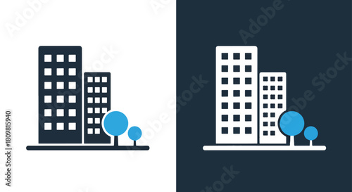City skyline with trees and buildings - Vector icon symbol for website - Icon vector - Blue icon vector - Line and glyph solid icon and logo template