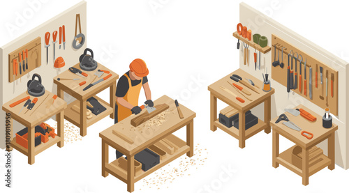 Isometric illustration of carpenter working in woodworking workshop with tools, benches, and equipment, concept of craftsmanship and furniture making