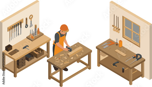 Isometric illustration of carpenter working in woodworking workshop with tools, benches, and equipment, concept of craftsmanship and furniture making