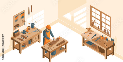 Isometric illustration of carpenter working in woodworking workshop with tools, benches, and equipment, concept of craftsmanship and furniture making