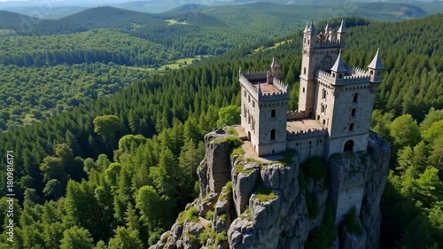Majestic stone castle perched atop a rocky cliff surrounded by lush green forest.