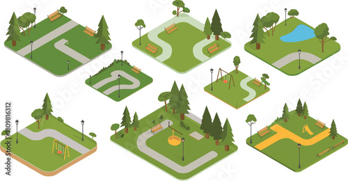 Isometric illustration of city park layouts with benches, trees, playgrounds, and walking paths, concept of urban design and green space planning