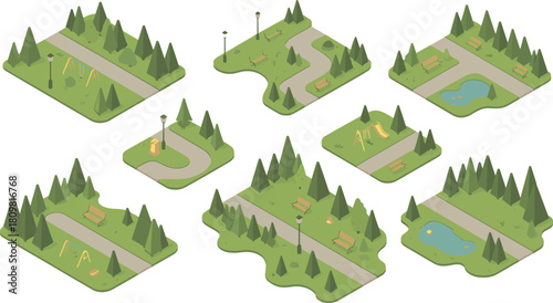 Isometric illustration of city park layouts with benches, trees, playgrounds, and walking paths, concept of urban design and green space planning